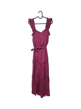 Luxology Magenta Ruffle-Shoulder Maxi Dress with Waist Tie